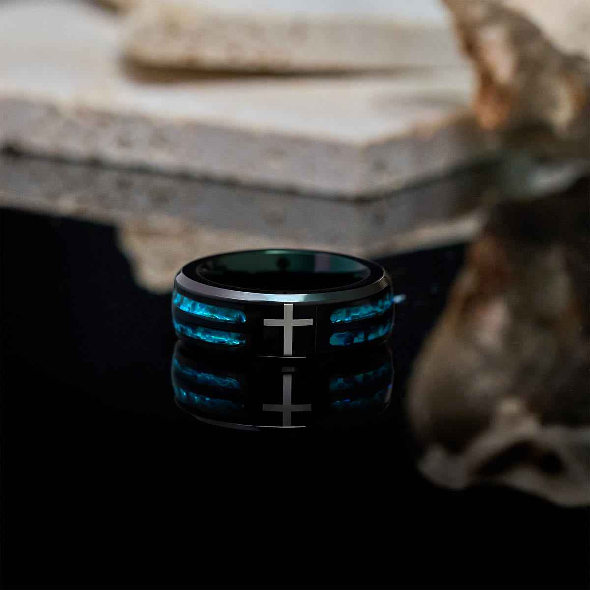 FREE Today: Modern Titanium Steel Cross Ring with Laser Blue Inlay: Serenity in Christ's Blue Light