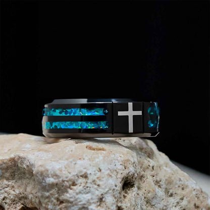FREE Today: Modern Titanium Steel Cross Ring with Laser Blue Inlay: Serenity in Christ's Blue Light