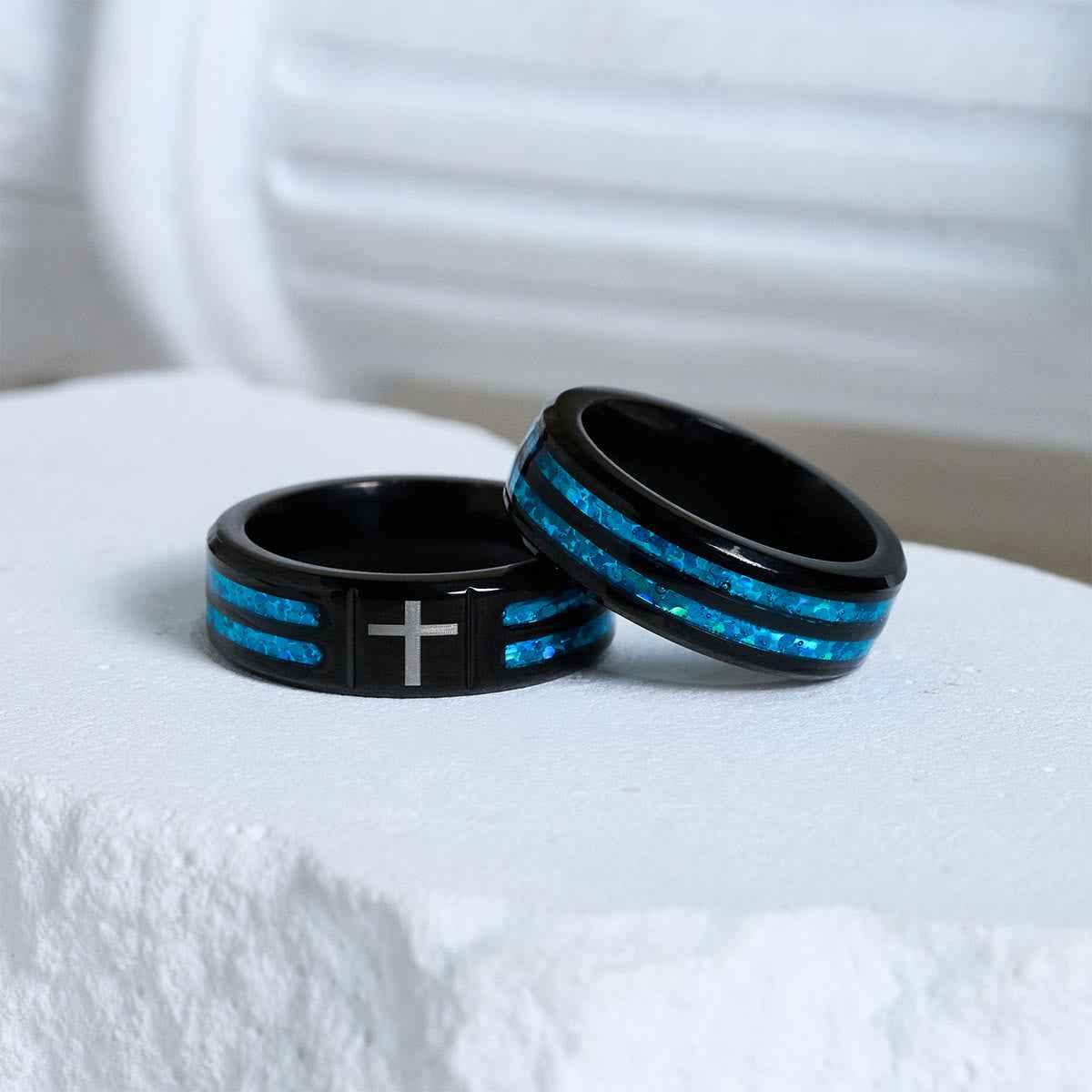 FREE Today: Modern Titanium Steel Cross Ring with Laser Blue Inlay: Serenity in Christ's Blue Light