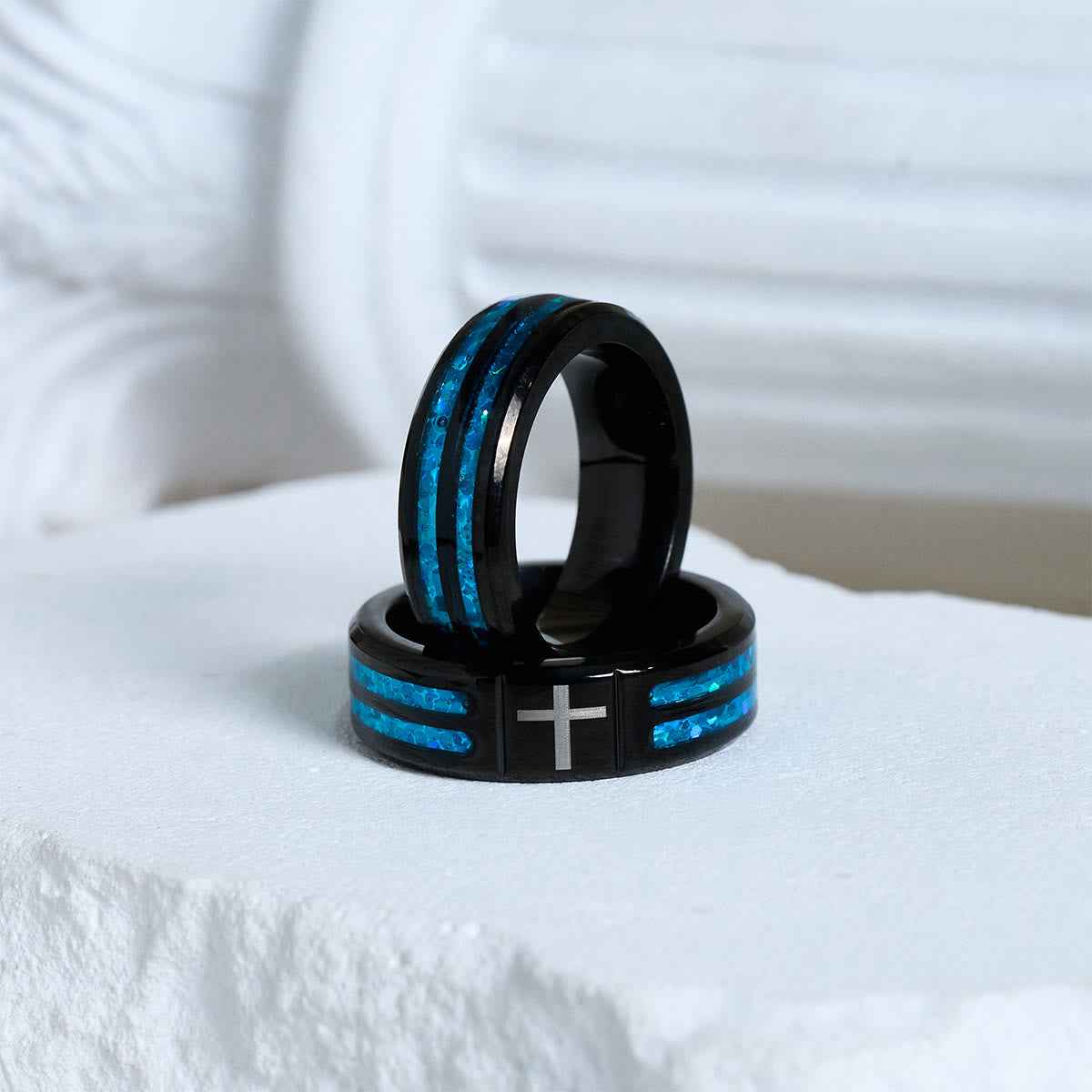 FREE Today: Modern Titanium Steel Cross Ring with Laser Blue Inlay: Serenity in Christ's Blue Light