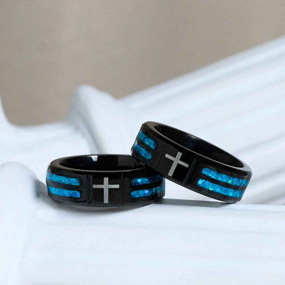FREE Today: Modern Titanium Steel Cross Ring with Laser Blue Inlay: Serenity in Christ's Blue Light