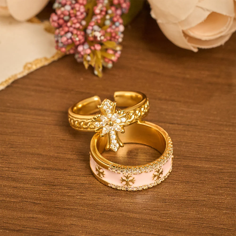 Zircon Cross Enamel Fleur-de-Lis Ring Set